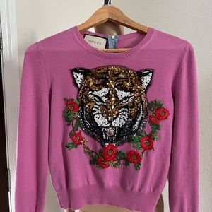 Labor Day sale Gucci Pink Crew Neck w/ Tiger Sequin Embellishment